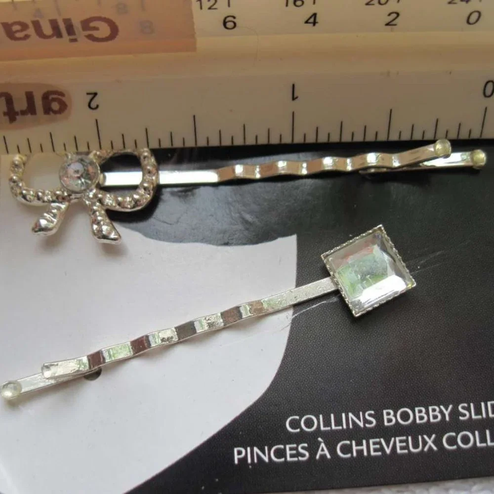 3 Goody Shiny Silver Diamond Gem Bow Oval Metal Collins Bobby Slide Hair Pins